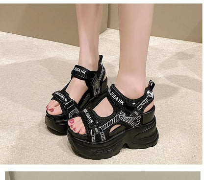 Wedge Heel Adhesive Strap Lettering Print Mesh Slingback Sandals