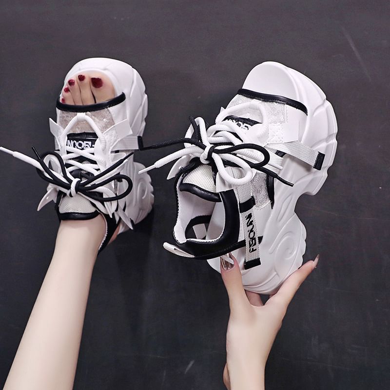 Platform Sequin Mesh Panel Lace-Up Faux Leather Slingback Sandals