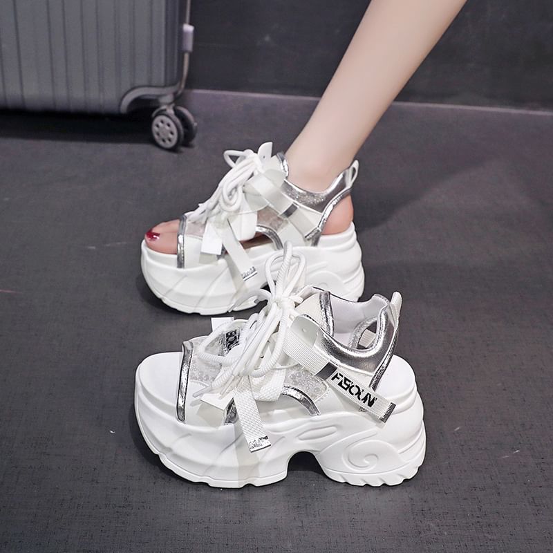 Platform Sequin Mesh Panel Lace-Up Faux Leather Slingback Sandals