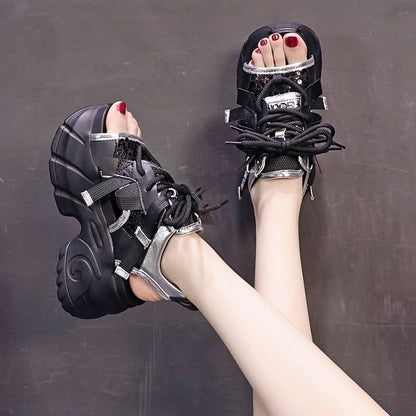 Platform Sequin Mesh Panel Lace-Up Faux Leather Slingback Sandals