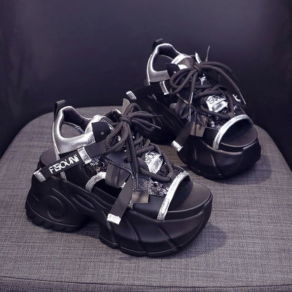 Platform Sequin Mesh Panel Lace-Up Faux Leather Slingback Sandals