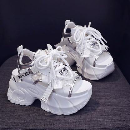 Platform Sequin Mesh Panel Lace-Up Faux Leather Slingback Sandals