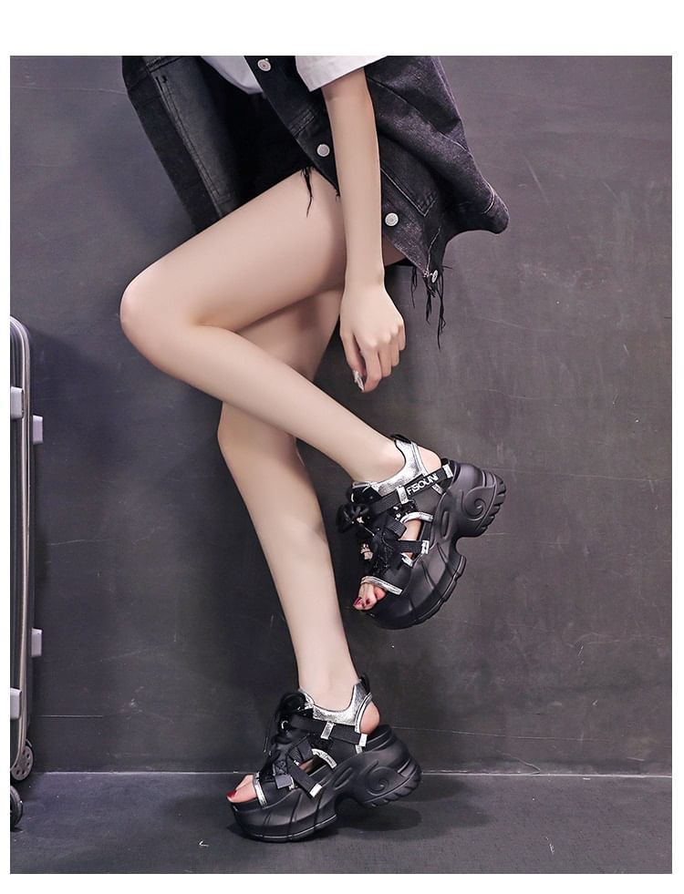 Platform Sequin Mesh Panel Lace-Up Faux Leather Slingback Sandals