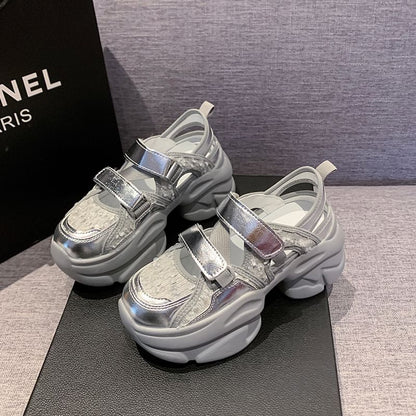 Platform Adhesive Strap Sequin Mesh Sneaker Sandals