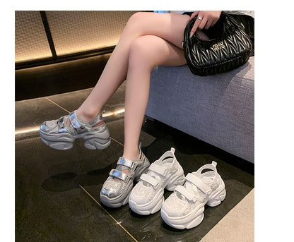 Platform Adhesive Strap Sequin Mesh Sneaker Sandals
