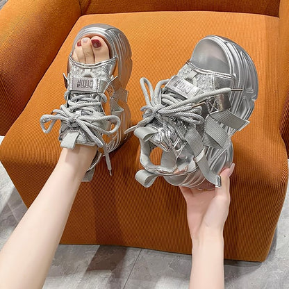 Platform Sequin Lace-Up Slingback Sandals