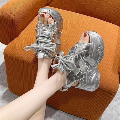 Platform Sequin Lace-Up Slingback Sandals