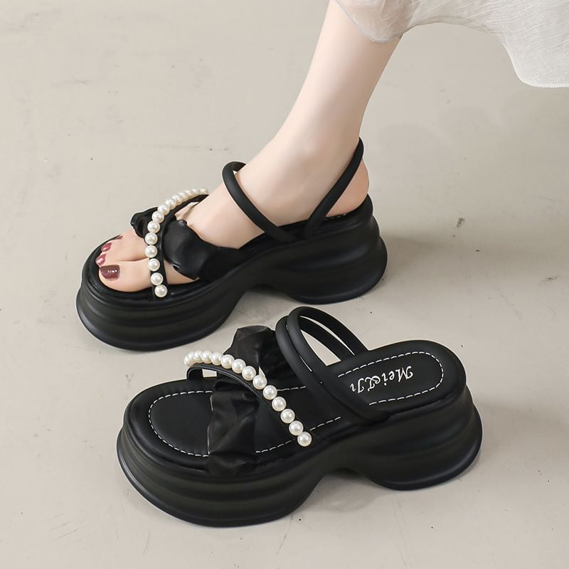 Platform Cross Strap Faux Pearl Accent Ruched Sandals