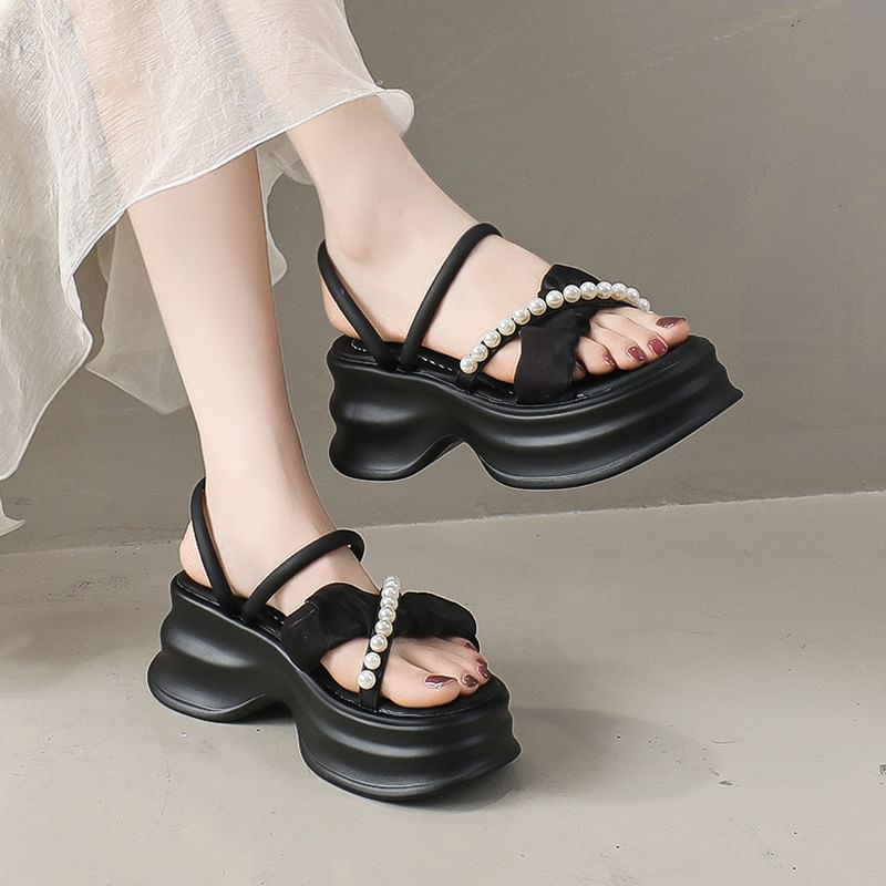 Platform Cross Strap Faux Pearl Accent Ruched Sandals