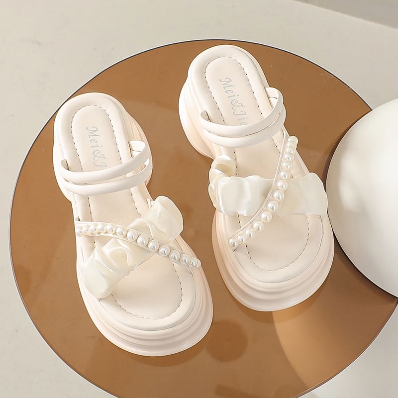 Platform Cross Strap Faux Pearl Accent Ruched Sandals