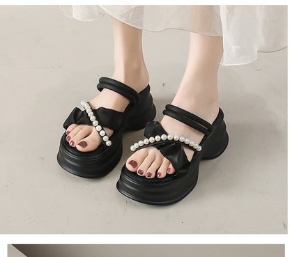Platform Cross Strap Faux Pearl Accent Ruched Sandals