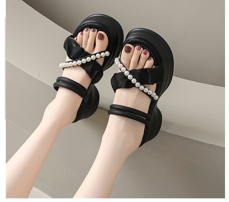 Platform Cross Strap Faux Pearl Accent Ruched Sandals