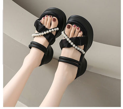 Platform Cross Strap Faux Pearl Accent Ruched Sandals