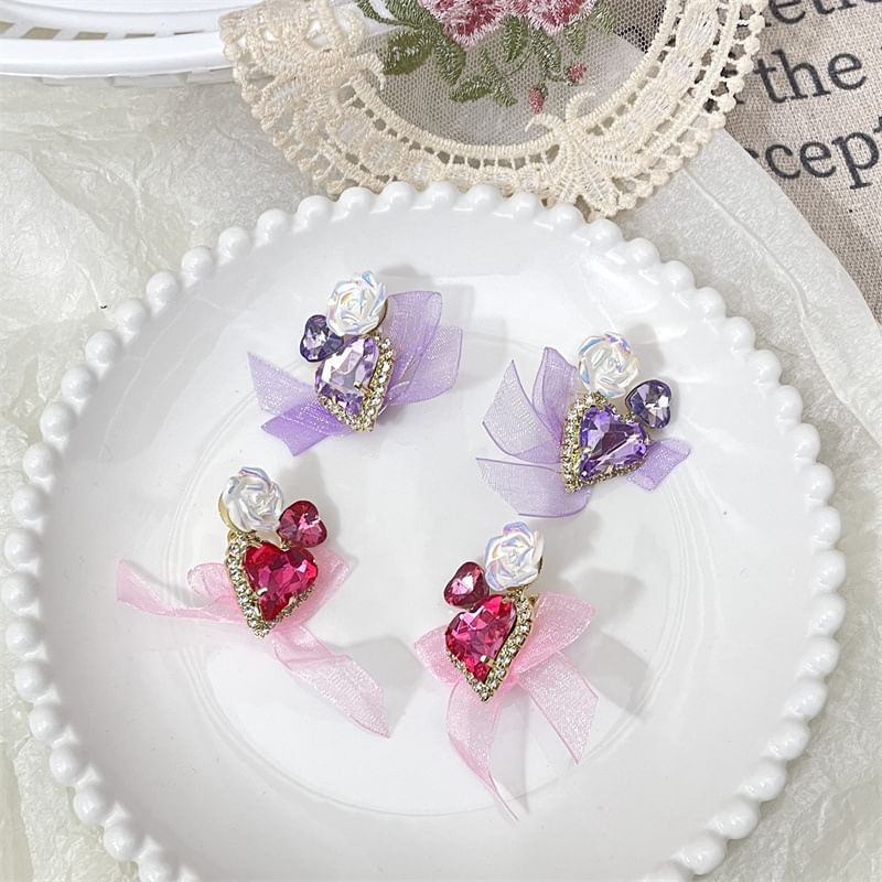 Rhinestone Heart-Shaped Earrings With Organza Bow