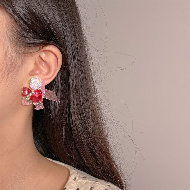 Rhinestone Heart-Shaped Earrings With Organza Bow