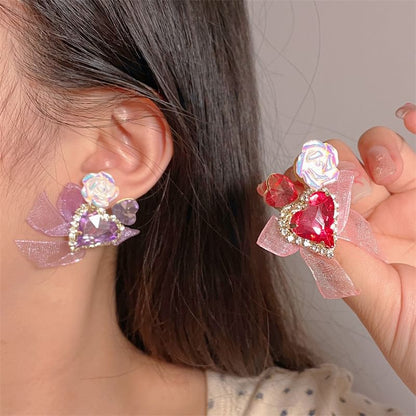 Rhinestone Heart-Shaped Earrings With Organza Bow