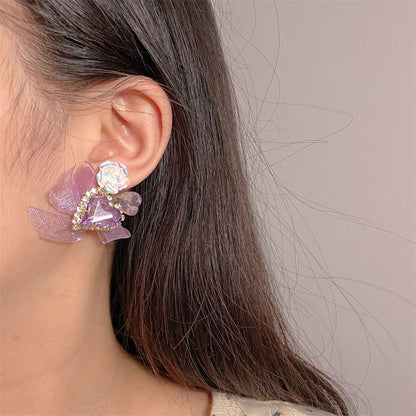 Rhinestone Heart-Shaped Earrings With Organza Bow