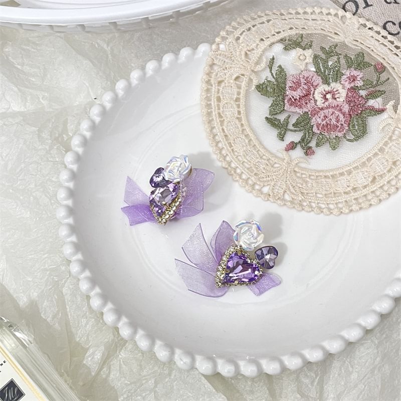 Rhinestone Heart-Shaped Earrings With Organza Bow
