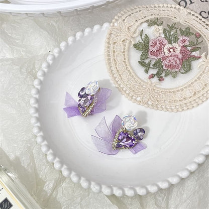 Rhinestone Heart-Shaped Earrings With Organza Bow