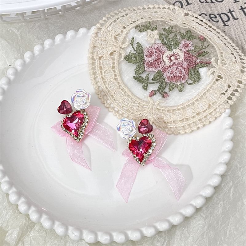 Rhinestone Heart-Shaped Earrings With Organza Bow