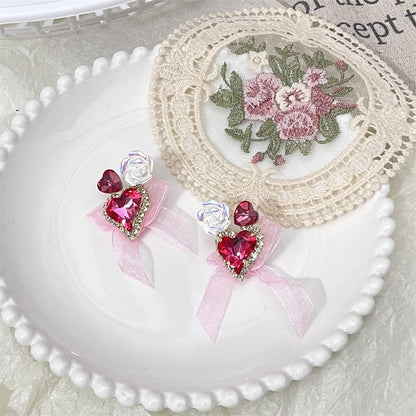Rhinestone Heart-Shaped Earrings With Organza Bow