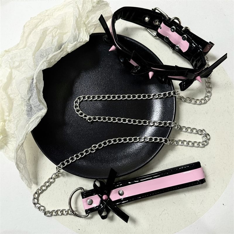 Punk Style Faux Leather Choker Necklace With Bow And Chain Leash
