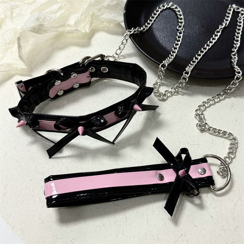 Punk Style Faux Leather Choker Necklace With Bow And Chain Leash