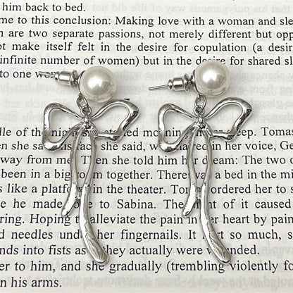 Faux Pearl Bow Alloy Drop Earring