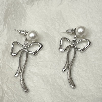 Faux Pearl Bow Alloy Drop Earring
