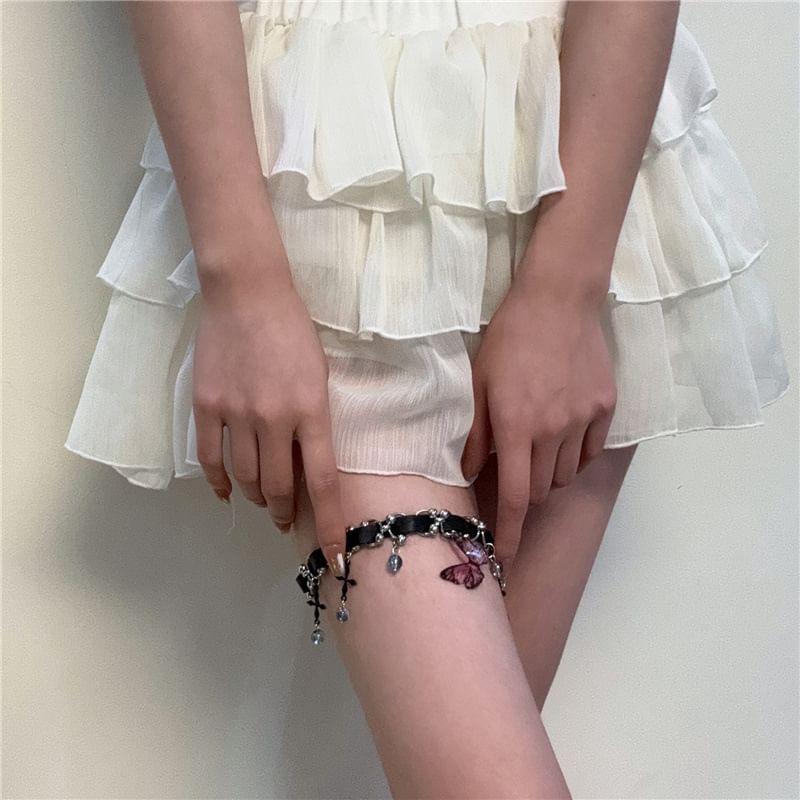 Butterfly Faux Crystal Faux Leather Thigh Chain
