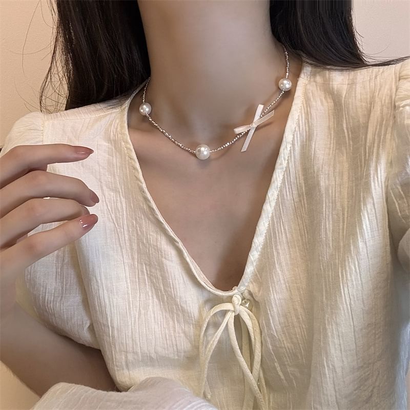 Ribbon Faux Pearl Alloy Choker