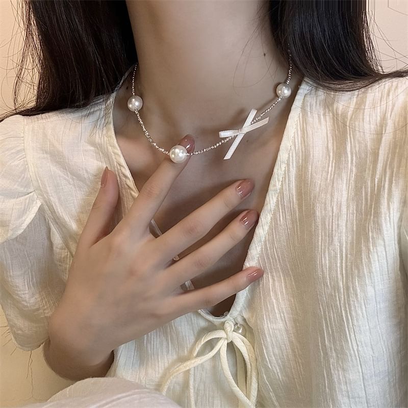 Ribbon Faux Pearl Alloy Choker