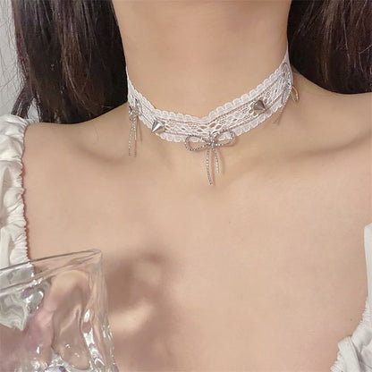 White Lace Choker Necklace With Bow And Spike Rivets