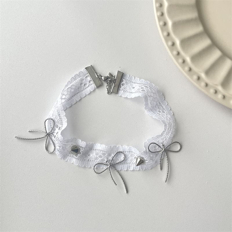 White Lace Choker Necklace With Bow And Spike Rivets