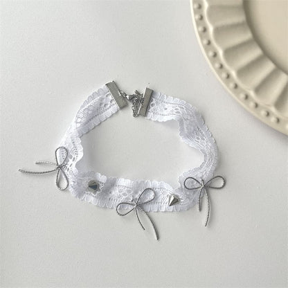 White Lace Choker Necklace With Bow And Spike Rivets