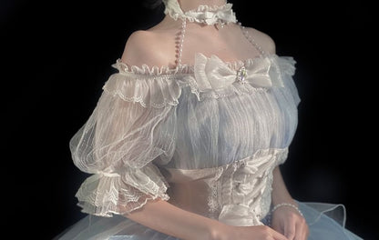 Robe mi-longue transparente unie à manches courtes et épaules dénudées Lolita + ceinture à la taille + tour de cou