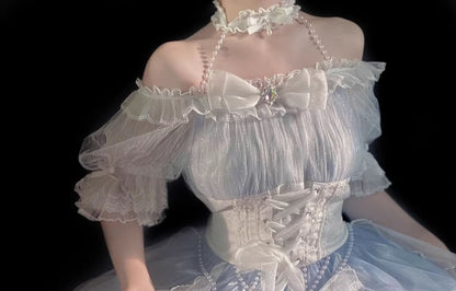 Robe mi-longue transparente unie à manches courtes et épaules dénudées Lolita + ceinture à la taille + tour de cou