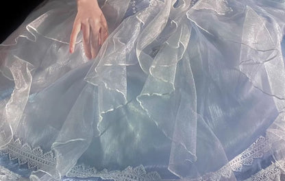 Robe mi-longue transparente unie à manches courtes et épaules dénudées Lolita + ceinture à la taille + tour de cou