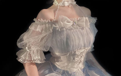 Robe mi-longue transparente unie à manches courtes et épaules dénudées Lolita + ceinture à la taille + tour de cou