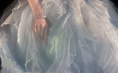 Robe mi-longue transparente unie à manches courtes et épaules dénudées Lolita + ceinture à la taille + tour de cou