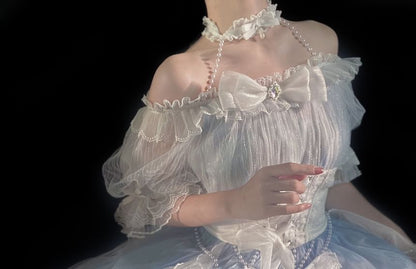 Robe mi-longue transparente unie à manches courtes et épaules dénudées Lolita + ceinture à la taille + tour de cou