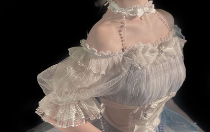 Robe mi-longue transparente unie à manches courtes et épaules dénudées Lolita + ceinture à la taille + tour de cou