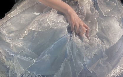 Robe mi-longue transparente unie à manches courtes et épaules dénudées Lolita + ceinture à la taille + tour de cou