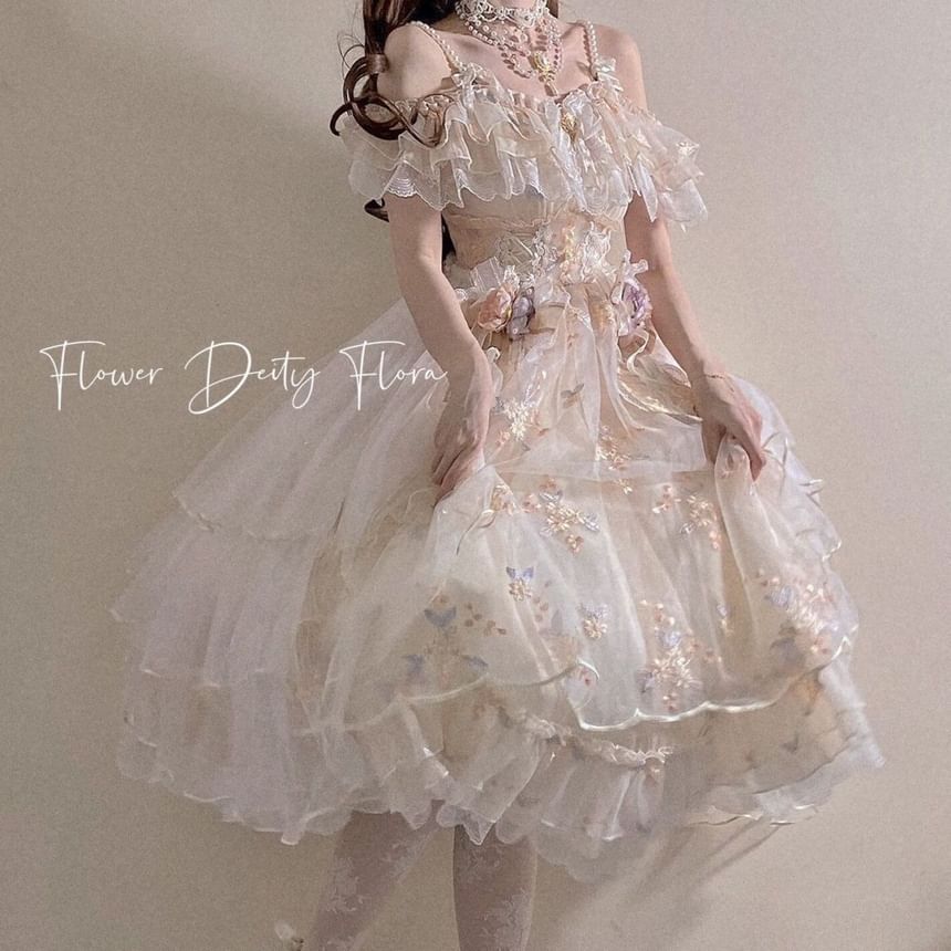 Ruffle Trim Floral Embroidered Lolita Midi A-Line Dress Set