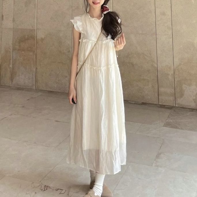 Cap-Sleeve Sheer Plain Midi A-Line Dress