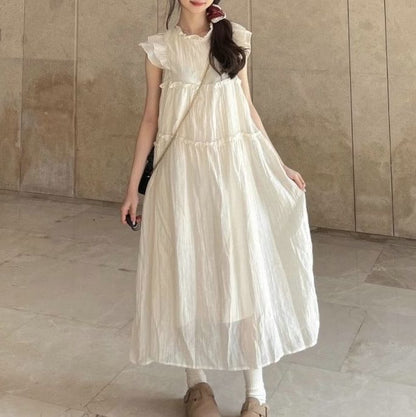 Cap-Sleeve Sheer Plain Midi A-Line Dress