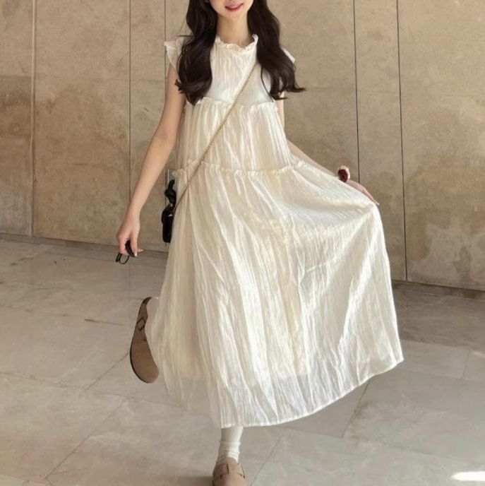 Cap-Sleeve Sheer Plain Midi A-Line Dress