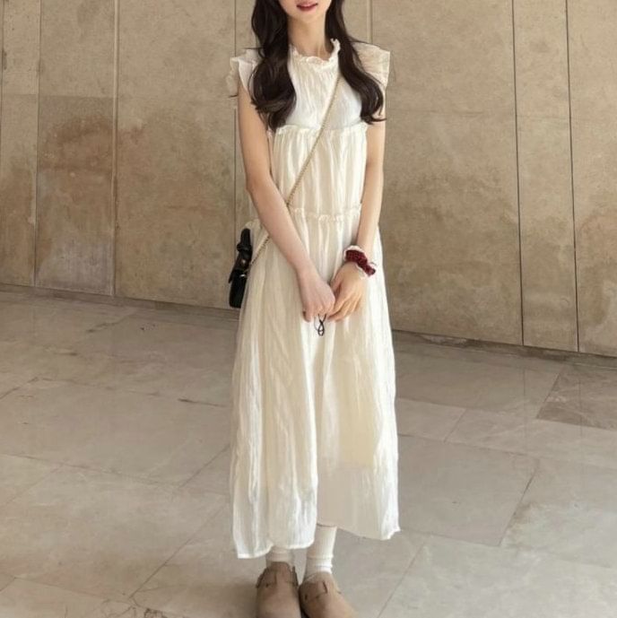 Cap-Sleeve Sheer Plain Midi A-Line Dress