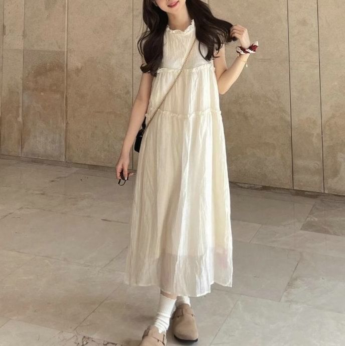 Cap-Sleeve Sheer Plain Midi A-Line Dress