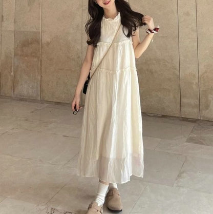 Cap-Sleeve Sheer Plain Midi A-Line Dress